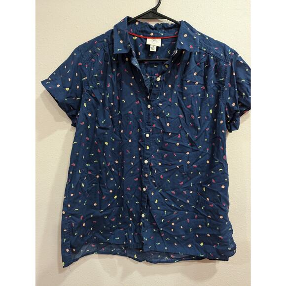 Women's navy blue button up cotton shirt with fruit print by St John's Bay, M - Picture 1 of 8